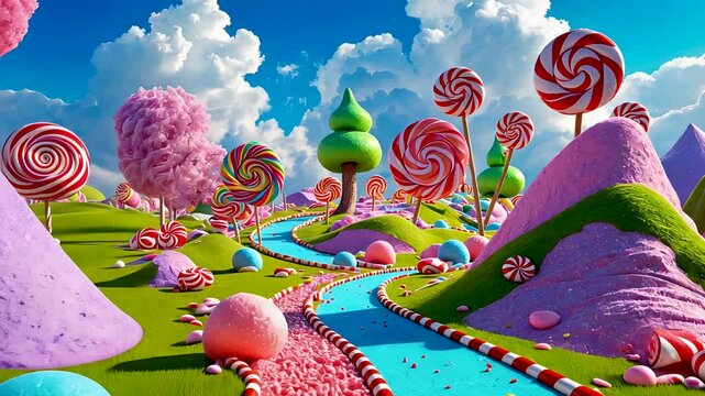 Colorful candy fantasy world with giant lollipops, chocolate rivers, and marshmallow hills under blue sky