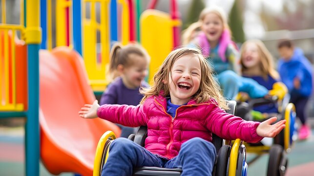 Smiling girl in wheelchair enjoys playground fun with other happy children on a bright colorful day outdoors.