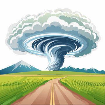 Vector illustration, Incredible supercell spinning across wide country, sky full of dark storm clouds