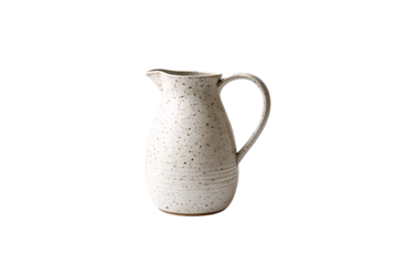 Rustic pottery jug with curved handle and pouring spout in natural speckled ceramic finish, isolated on a transparent background