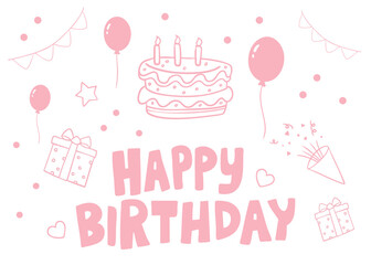 Happy Birthday Card Hand Drawn Pink Invitation Card
