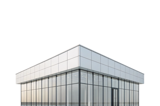 Modern glass office building corner with metal framework and reflective transparent windows, isolated on a transparent background