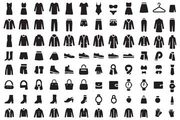 modern clothing and fashion icons set, featuring dresses, jackets, shoes, accessories, handbags, and apparel items, stylish design icon set