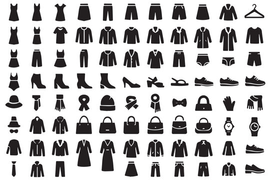 minimalist clothing and accessory icons collection, including dresses, shoes, bags, and scarves, fashion essentials, stylish icon set