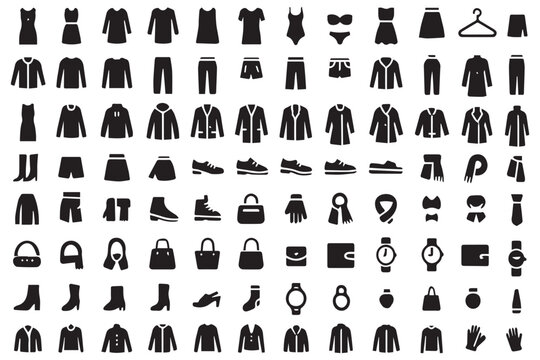 modern clothing and fashion icons set, featuring dresses, jackets, shoes, accessories, handbags, and apparel items, stylish design icon set