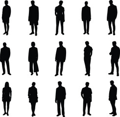 "Silhouette collection of diverse professional business individuals in various poses, standing, and confident body language isolated on white background"