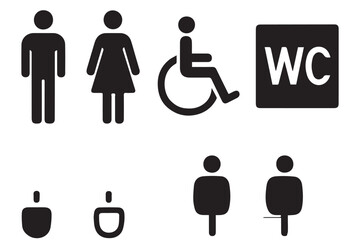 Minimalist restroom signs with male, female, wheelchair and universal restroom indicators icon set