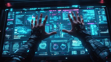 Augmented hands interacting with a holographic display.