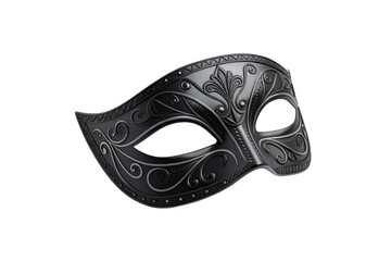 Sophisticated black masquerade mask with ornate baroque relief designs and detailed sculptural surface decorative elements, isolated on a transparent background