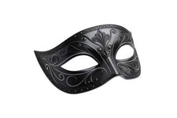 Sophisticated black masquerade mask with ornate baroque relief designs and detailed sculptural surface decorative elements, isolated on a transparent background