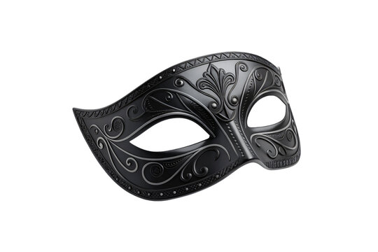 Sophisticated black masquerade mask with ornate baroque relief designs and detailed sculptural surface decorative elements, isolated on a transparent background - Powered by Adobe