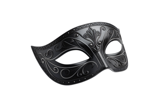 Sophisticated black masquerade mask with ornate baroque relief designs and detailed sculptural surface decorative elements, isolated on a transparent background