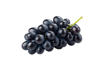 Fototapeta premium Fresh cluster of dark purple grapes with water droplets and green stem, isolated on a transparent background