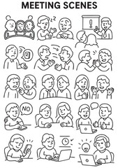 15 Meeting Doodle Icons – Black and White Hand-Drawn Business Scenes with Expressive Characters