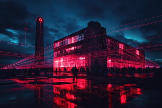 Industrial building bathed in vibrant red light, laser beams crisscrossing the scene.  Crowd gathered in front - Powered by Adobe