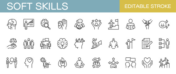 Soft skills line icon set – Includes communication, teamwork, leadership, creativity and adaptability. Editable stroke. Vector illustration.