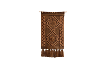 Woven macrame wall hanging with geometric diamond patterns and fringe tassels in brown cord, isolated on a transparent background