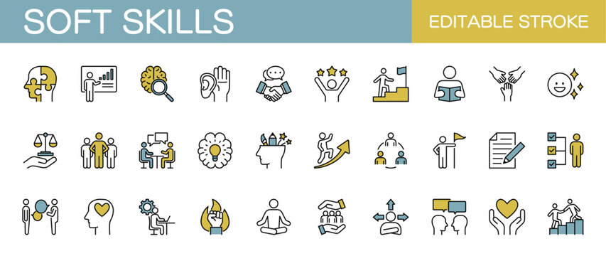 Soft skills line icon set – Includes communication, teamwork, leadership, creativity and adaptability. Editable stroke. Colored vector illustration.