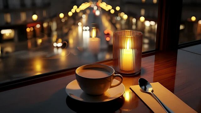 Cozy Night Coffee Candlelight and City Lights Reflection on Window
