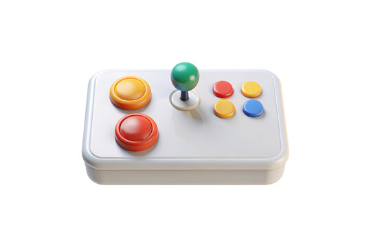 White arcade fighting stick controller with joystick and multiple colored action buttons, isolated on a transparent background