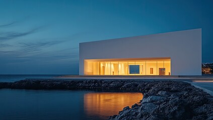 Fototapeta premium Modern minimalist coastal building at twilight