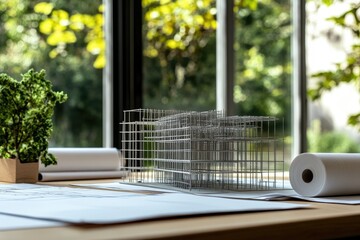 Architectural model on a desk with blueprints and greenery