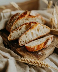 A loaf of bread is cut into slices and placed on a wooden cutting board