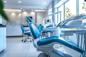 Modern dental clinic interior with comfortable blue patient chairs and sterile white equipment