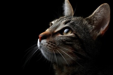 A closeup of a tabby cats face in profile gazing upwards against a black background