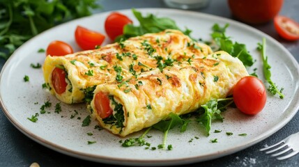Two omelets rolled  stuffed w spinach  tomatoes sit on a speckled plate garnished with arugula  parsley