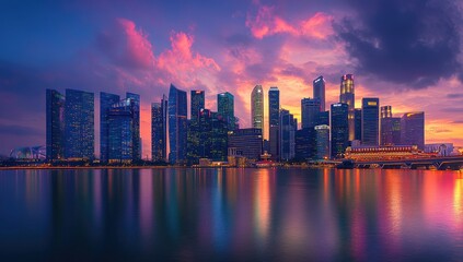 Obraz premium City skyline at sunset over water