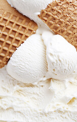 Ice cream waffle texture close-up showing intricate patterns, ideal as dessert background