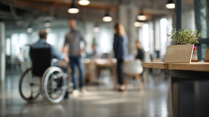 Blurred business meeting in a modern office with wheelchair