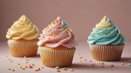Three colorful cupcakes with sweet frosting and sprinkles.