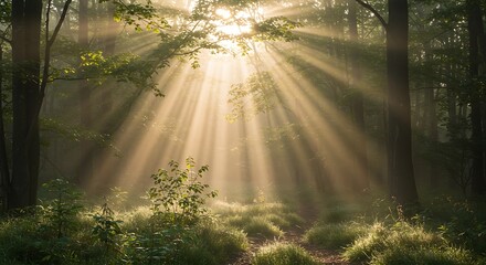 Obraz premium Sunlit Forest Path with Beams of Light Through Trees in Tranquil Morning Atmosphere