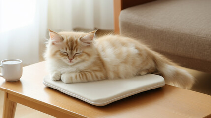 Kitten napping on laptop in cozy living room, ideal for pet lovers