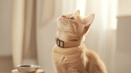 Hungry kitten with empty bowl looking up, suitable for pet-themed background