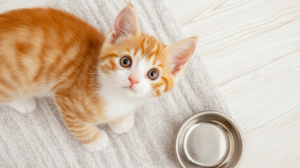 Kitten sitting near an empty bowl on wooden floor indoors, concept of hunger