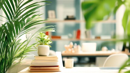 Summer Time A bright and airy home office featu a desk with books, plants, and a laptop in a modern interior with shelves and a view to create a calming workspace.