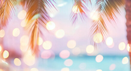 Palm tree leaves with bokeh lights, perfect for tropical holiday background