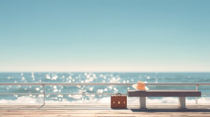 Summer Time A lone briefcase sits next to a straw hat on a wooden bench overlooking the sparkling ocean on a bright sunny day evoking feelings of relaxation and freedom.