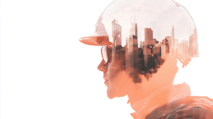 Double exposure of construction worker with urban skyline background