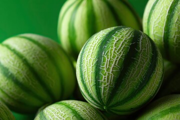 A collection of green striped round melons with a textured netted surface The arrangement is closeup against a solid green background
