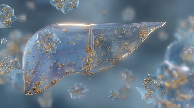 World Hepatitis Day Awareness: Golden Ribbon Liver Organ with Glowing Protective Shield on Abstract Cellular Blue Background, Medical Vector Illustration