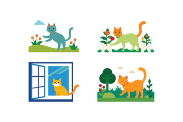 Set Of Playful Cats Enjoy Summer