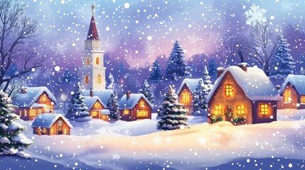 Naklejka premium Winter scene of snow falling on houses and church in village. Christmas card illustration of buildings and trees covered in snow during a storm.