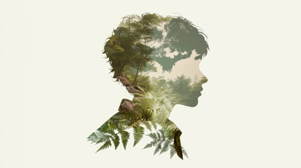 Double exposure of indigenous woman and forest landscape, nature concept, background