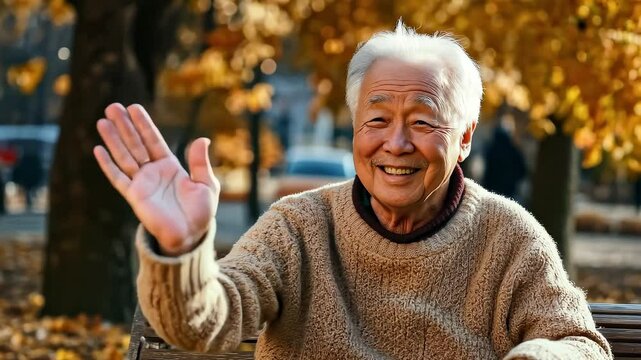 Happy senior Asian man waving hello on park bench in fall