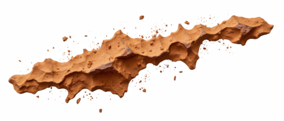 Textured, irregular piece of orange clay with rough edges and small fragments scattered around, showcasing its natural form and earthy color