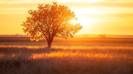 Fototapeta premium Golden Sunrise Illuminating a Solitary Tree in a Peaceful Rural Landscape